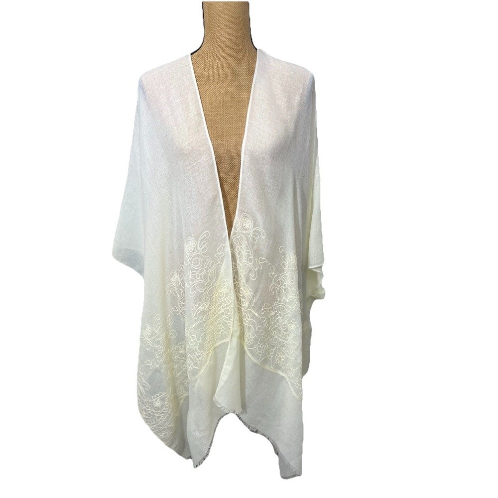 Time Tru Ivory Kimono Duster Shawl Embroidered Boho Open Front Cover Up L XL